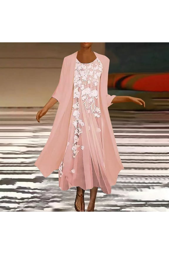 Wedding Guest Dresses for Women,Fashion Women Casual V-Neck Sleeveless Dress Solid Long Sleeve Coat Two-Piece Set