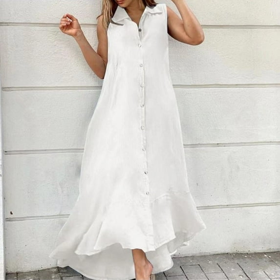 Tbopshirt Wedding Guest Dresses for Women,Fashion Women's Spring/Summer Leisure V-neck Solid Button Sleeveless Dress