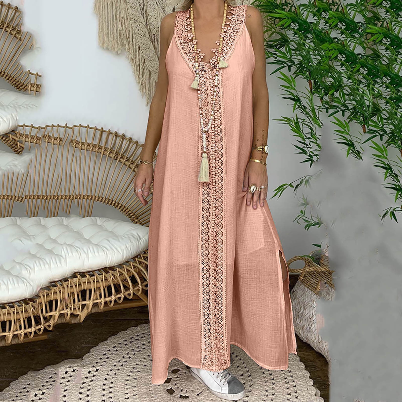 Tbopshirt Wedding Guest Dresses for Women,Women Plus Size V-Neck Sleeveless Beach Loose Lace Patchwork Long Dress Maxi Dress