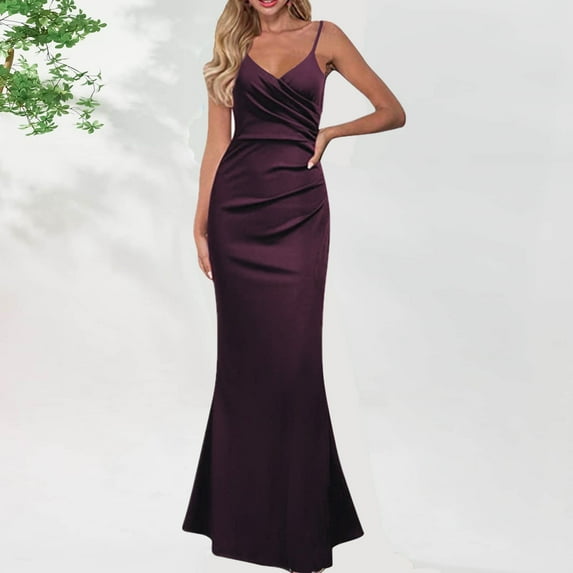 Tbopshirt Wedding Guest Dresses for Women,Women's Fashion Sleeveless V-Neck Solid Color Strap Dress