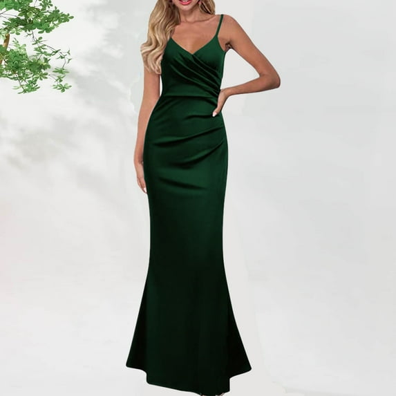 Tbopshirt Wedding Guest Dresses for Women,Women's Fashion Sleeveless V-Neck Solid Color Strap Dress
