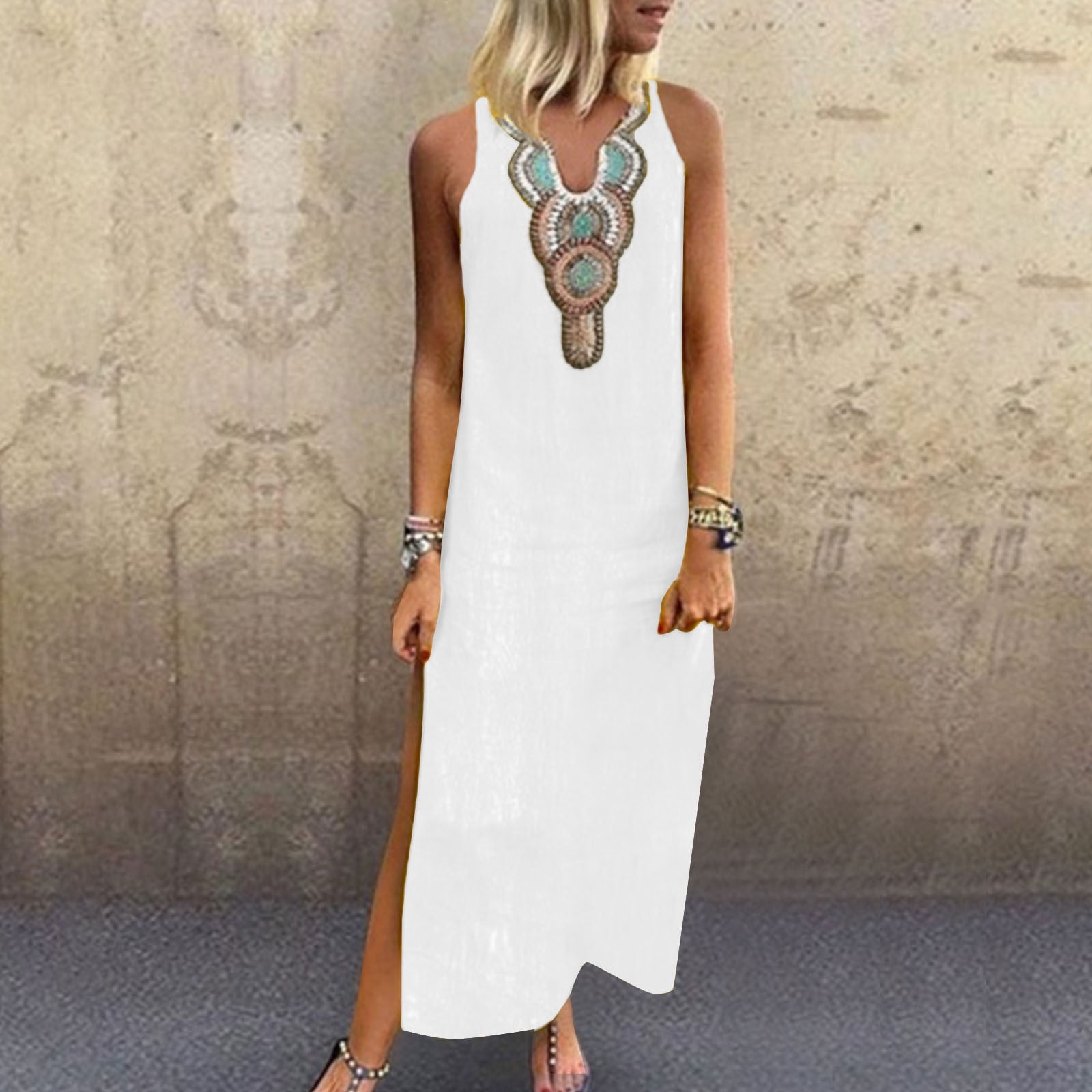 Tbopshirt Wedding Guest Dresses for Women Spring/Summer Sleeveless Casual  Tank Top Dress Solid Loose V-Neck Pleated Cotton Linen Dress