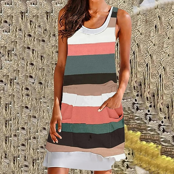 Tbopshirt Wedding Guest Dresses for Women Summer Casual Sleeveless Round Neck Printed Tank Dresses