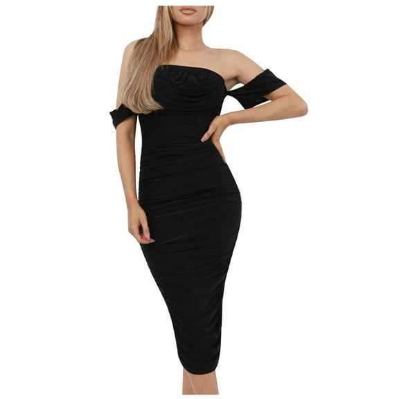 Tbopshirt Wedding Guest Dresses for Women Summer Fashion Slim Mesh Pleated Sleeveless One-Shoulder Dress
