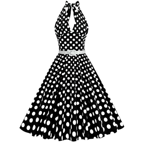 Tbopshirt Wedding Guest Dresses for Women Summer Polka Dot Patchwork Waistband Hanging Neck Retro Sleeveless Dress