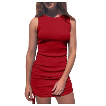 Wedding Guest Dresses for Women,Clearance Women's Summer Solid Color Fashion Slim Pleated Thread Drawstring Sleeveless Crew Neck Dress