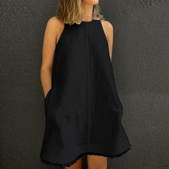Wedding Guest Dresses for Women,Clearance Women's Summer Solid Color Style Fresh Solid Color Embroidered Lace Tank Top Round Neck Dress