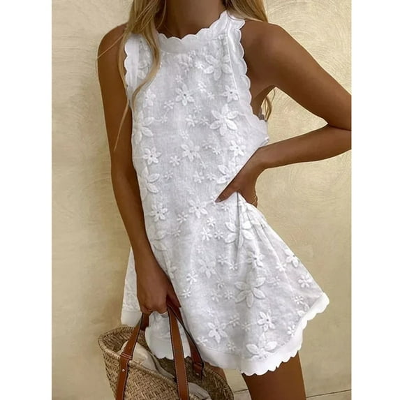 Tbopshirt Wedding Guest Dresses for Women Summer Solid Color Style Fresh Solid Color Embroidered Lace Tank Top Round Neck Dress