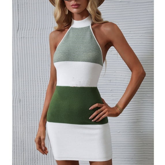 Tbopshirt Wedding Guest Dresses for Women Summer Tight Temperament Open Back Hanging Neck Knitted Contrast Color Dress