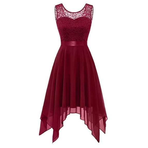 Wedding Guest Dresses for Women Elegant Floral Lace Sleeveless Skater Midi Dress Handkerchief Hem Cocktail Party Swing Dress