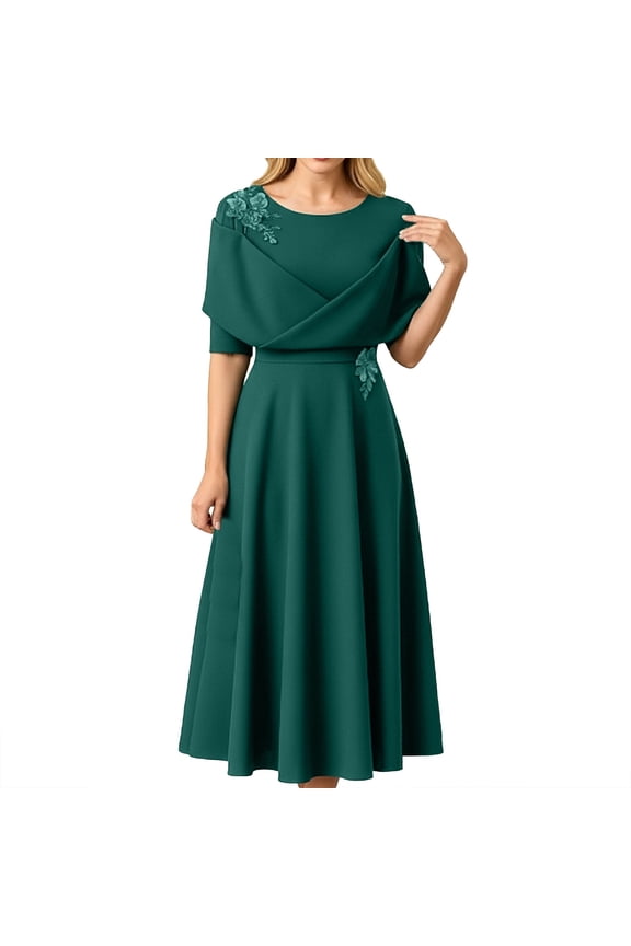 Wedding Guest Dresses for Women Elegant Short Sleeve Solid Color Waist Cinching Ankle Length Dress Green M
