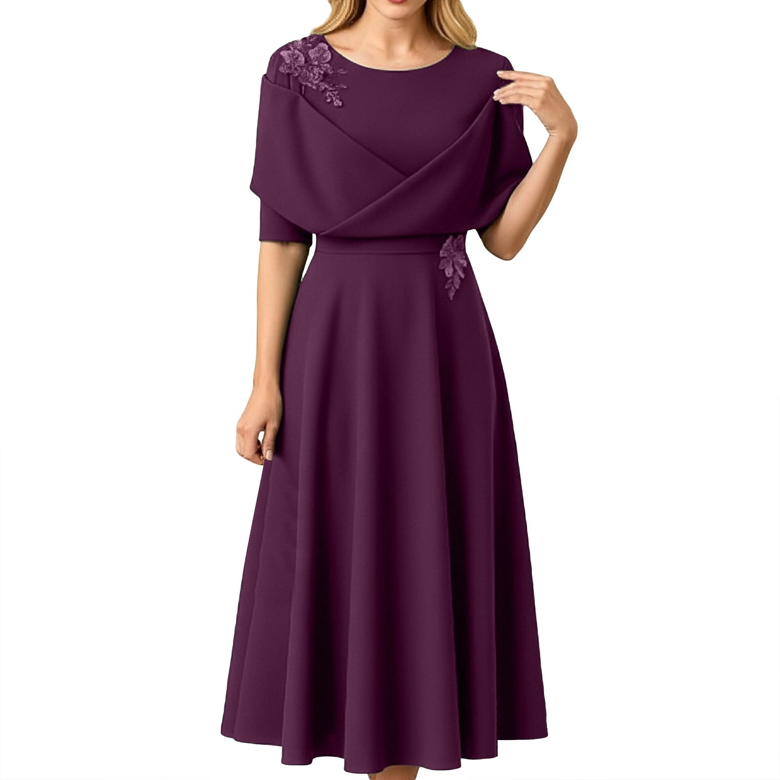 ankle length dress for women Solthread Wedding Guest Dresses Elegant Short Sleeve Solid Color Waist Cinching Purple S, Women's, Size: Small Sleeveless Pleated A-Line Midi Trend:GAME DAY Ethereal and whimsical yet Primary colour:Pink