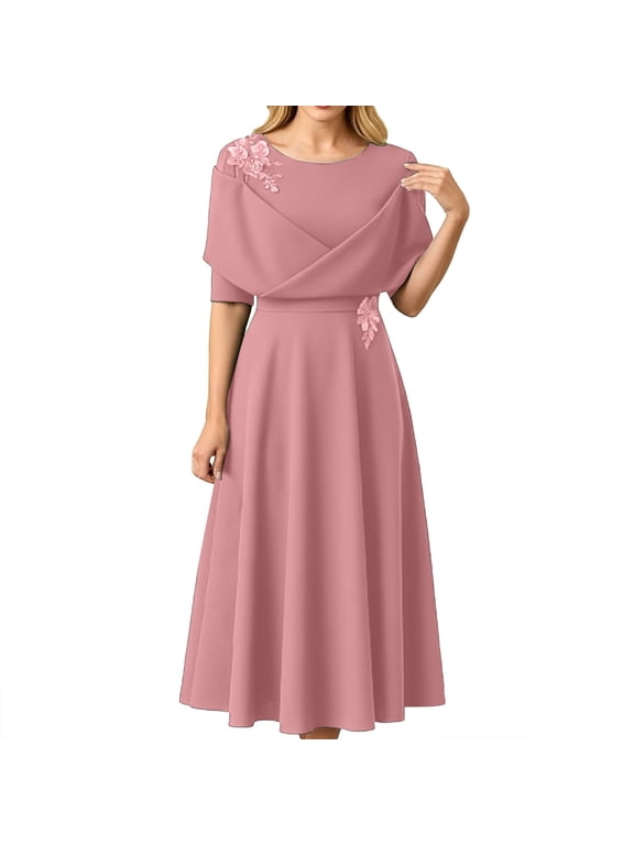 Wedding Guest Dresses for Women Elegant Short Sleeve Solid Color Waist Cinching Ankle Length Dress RD1 M