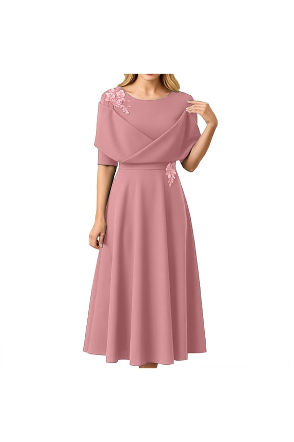 Wedding Guest Dresses for Women Elegant Short Sleeve Solid Color Waist Cinching Ankle Length Dress RD1 XL