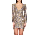 thumbnail image 1 of Wedding Guest Dresses for Women Evening Party Elegant Long Sleeve Sequin Ruched Dress V Neck Bodycon Slimming Cocktail Dress Gold L, 1 of 4