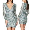 thumbnail image 1 of Wedding Guest Dresses for Women Evening Party Elegant Long Sleeve Sequin Ruched Dress V Neck Bodycon Slimming Cocktail Dress Silver L, 1 of 5
