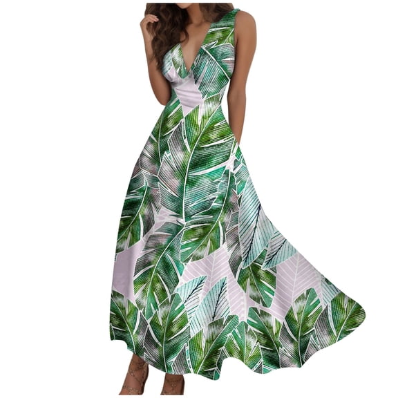 Wedding Guest Dresses for Women Fashion Spring and Summer Printed Sleeveless V Neck Side Zipper Style Easter Dress for Women