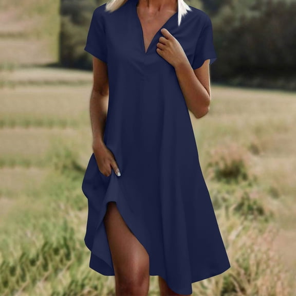 Wedding Guest Dresses for Women, Fashion Women Solid Color V-neck Short Sleeve Loose And Comfortable Dress(Navy,M)