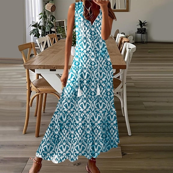 Wedding Guest Dresses for Women, Fashionable Women's Casual Spring/summer Sleeveless Printed Dress(Sky Blue,XXL)