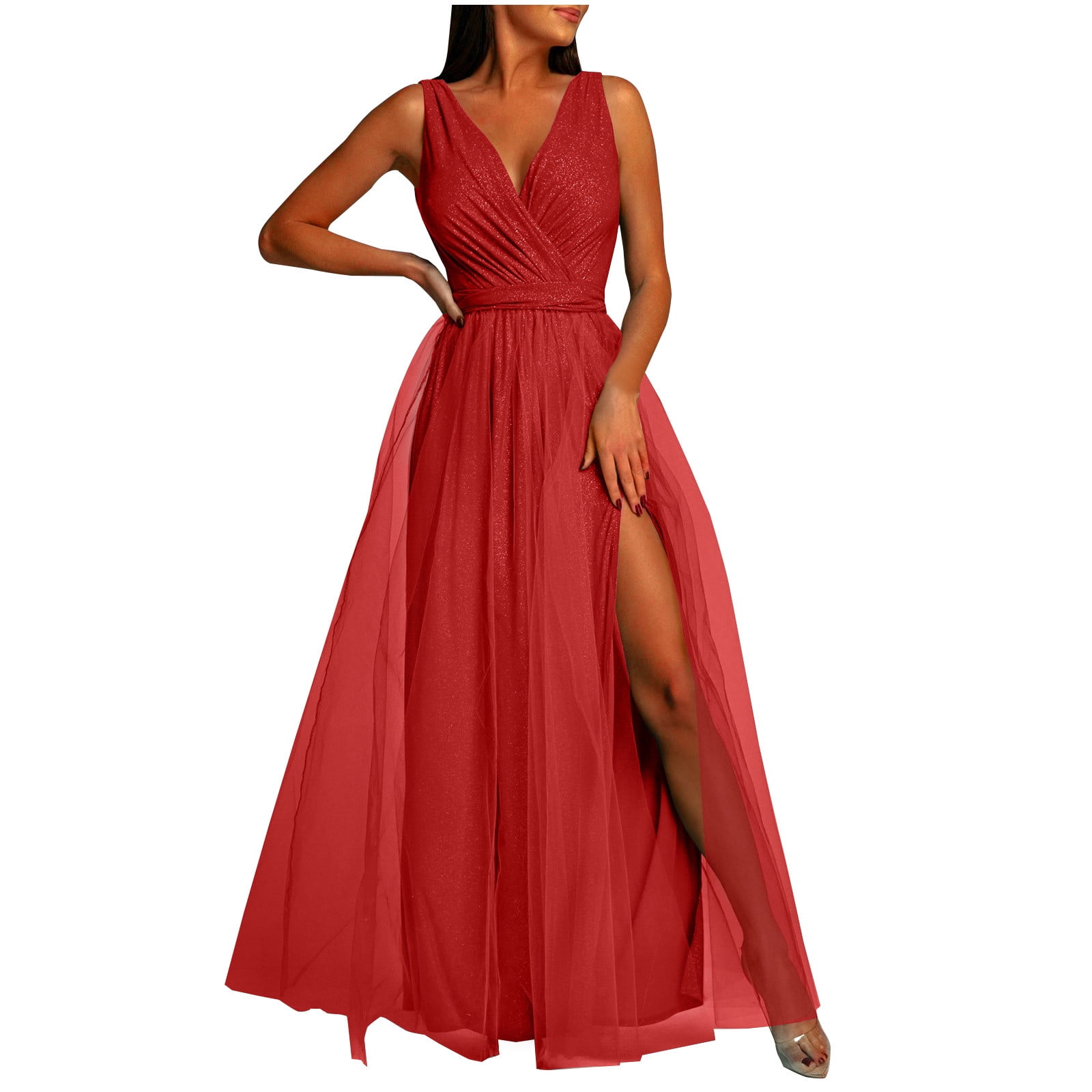 Wedding Guest Dresses for Women Formal Evening Prom Cocktail Wrap V Neck Tie Waisted Slit Mesh Flowy Maxi Dress