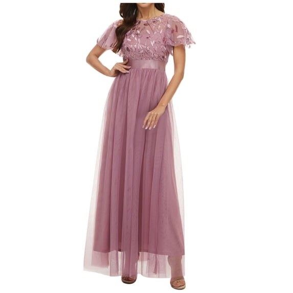 Winter Saving Wedding Guest Dresses for Women Formal Spring And Summer Round Neck Sequin Dress Short Sleeves Large Dress