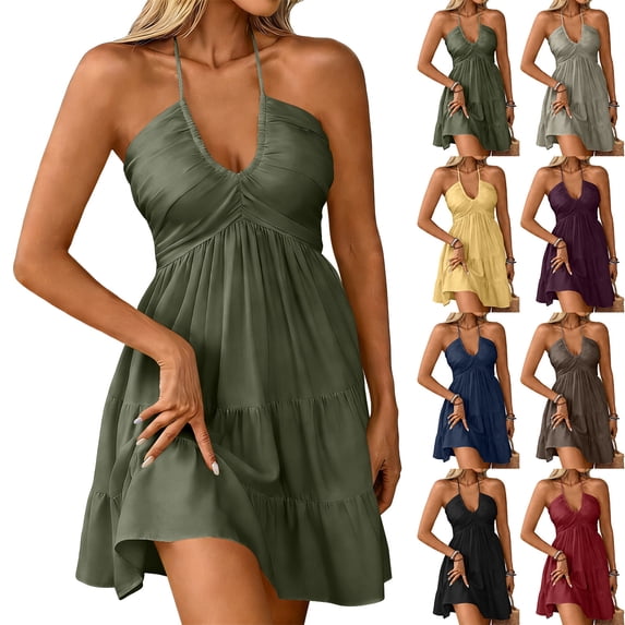 Wedding Guest Dresses for Women Halter V‑Neck Ruched Bust Tiered Ruffle Swing Short Dress for Wedding Guest Dress