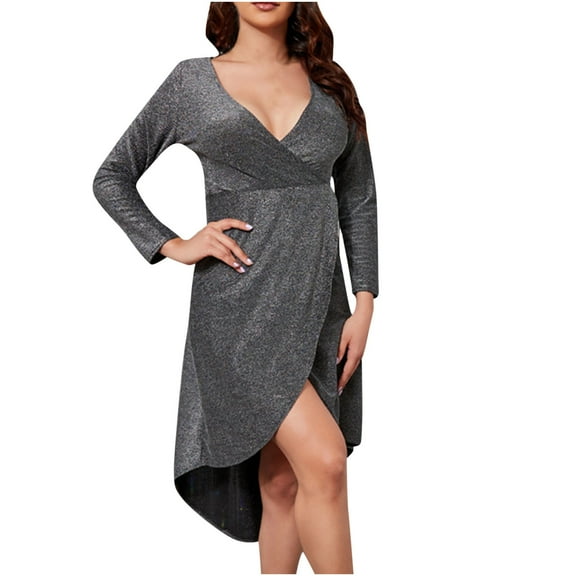 Wedding Guest Dresses for Women Long Sleeve V Neck Elegant Glitter Bridesmaid Dress Split Hi-Lo Formal Cocktail Dresses