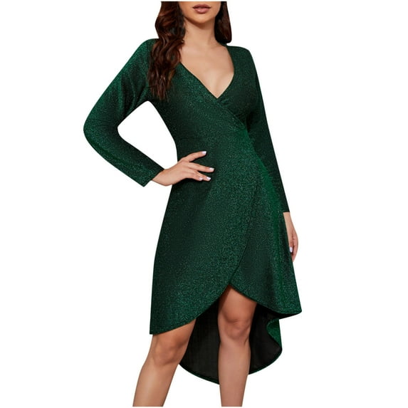 Wedding Guest Dresses for Women Long Sleeve V Neck Elegant Glitter Bridesmaid Dress Split Hi-Lo Formal Cocktail Dresses