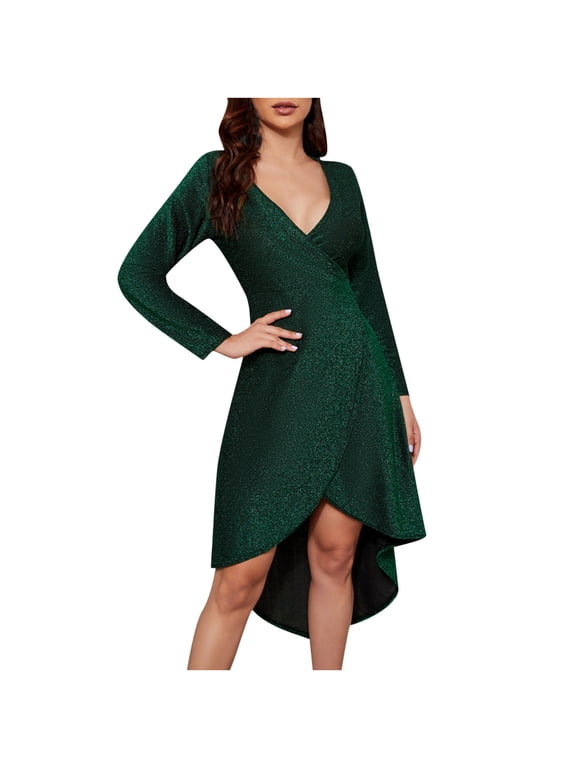 Wedding Guest Dresses for Women Long Sleeve V Neck Elegant Glitter Bridesmaid Dress Split Hi-Lo Formal Cocktail Dresses
