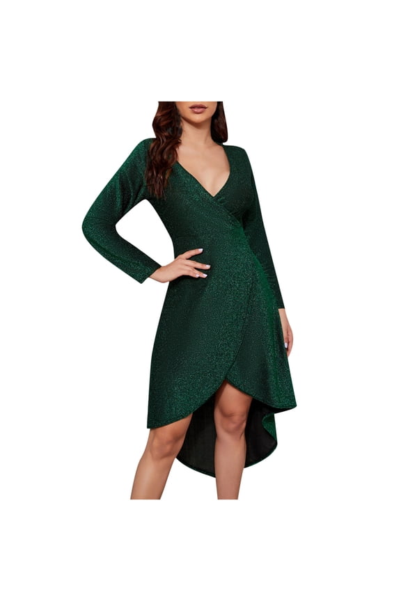 Wedding Guest Dresses for Women Long Sleeve V Neck Elegant Glitter Bridesmaid Dress Split Hi-Lo Formal Cocktail Dresses