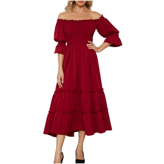 Wedding Guest Dresses for Women Off The Shoulder Puff Sleeve Dresses Fashion Loose Solid Color Sexy Formal Dress (Red M)