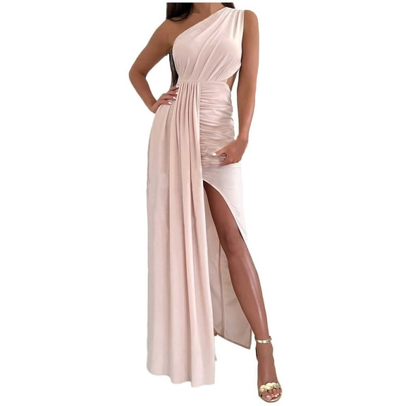 Wedding Guest Dresses for Women One Shoulder Hollow Out Ruched Long Dress Elegant High Split Cocktail Party Dress