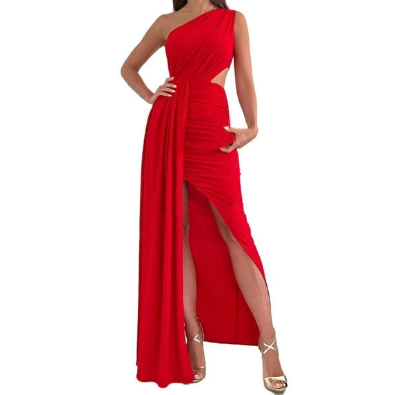 Wedding Guest Dresses for Women One Shoulder Hollow Out Ruched Long Dress Elegant High Split Cocktail Party Dress