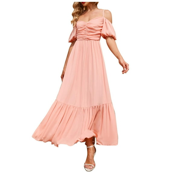 Summer Dress for Women Off Shoulder Spaghetti Strap Boho Dress Ruched Ruffle Short Sleeve Flowy Beach Party Maxi Dress