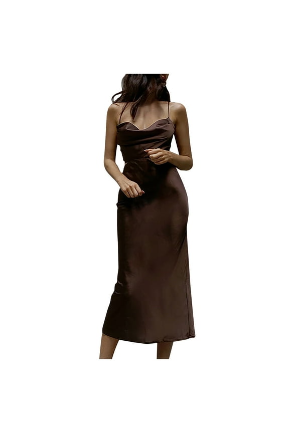 Wedding Guest Dresses for Women Satin Drape Cowl Neck Spaghetti Straps Hollow Out Waist Slim Fit Cocktail Formal Dress