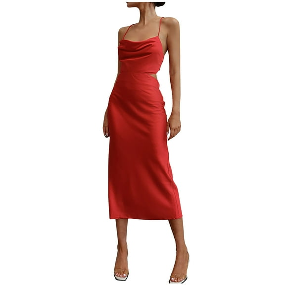 Wedding Guest Dresses for Women Satin Drape Cowl Neck Spaghetti Straps Hollow Out Waist Slim Fit Cocktail Formal Dress