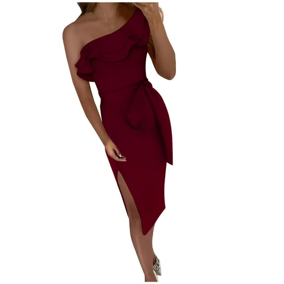 Wedding Guest Dresses for Women Sexy Ruffle One Shoulder Elegant Side Slit Formal Fashion Solid Color Dress with Belt