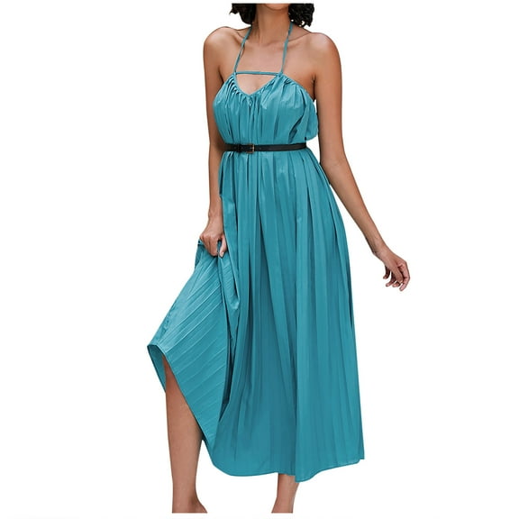 Wedding Guest Dresses for Women Sleeveless Neck Cutout Maxi Dress Solid Pleated Party Beach Long Dress with Belt