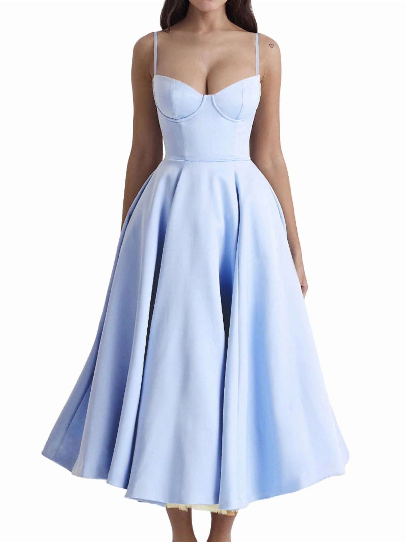 Wedding Guest Dresses for Women Spaghetti Straps Corset Homecoming Floral Lace Maxi Prom Dresses Light Blue M