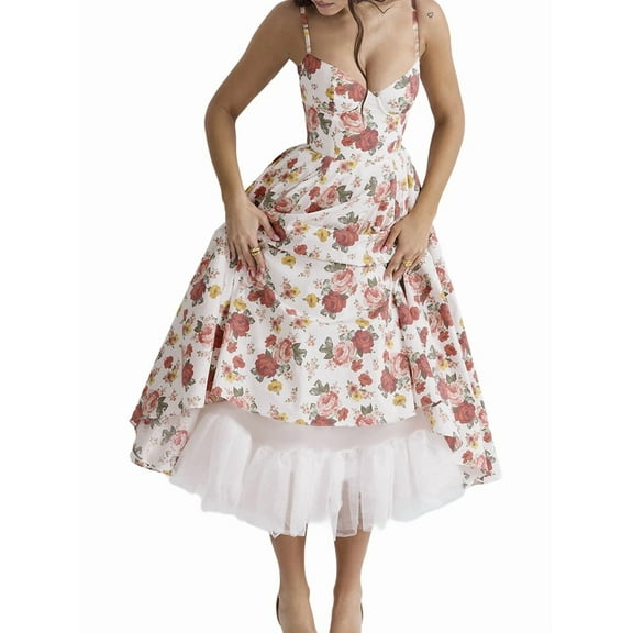 Wedding Guest Dresses for Women Spaghetti Straps Corset Homecoming Floral Lace Maxi Prom Dresses Red Flowers M