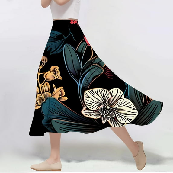 Wedding Guest Dresses for Women Viikei Women's Skirt with Pleated Design,Women's Casual Flowers Printed A-line Elastic Waist Skirt Multicolor XXL