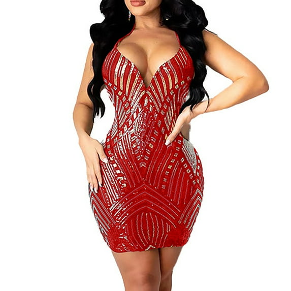 Wedding Guest Dresses for Women Vintage Cross-Criss Tie Backless Sequin Dresses Spaghetti Strap Bodycon Cocktail Gowns Red XL