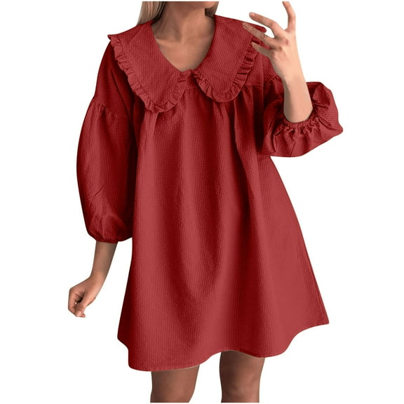 Wedding Guest Dresses for Women, Women's 3/4 Puff Sleeve Plaid Mini Dress Lapel Doll Collar Loose Dress(Red,M)