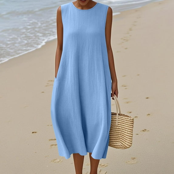 Wedding Guest Dresses for Women, Women's Solid Sleeveless Round Neck Cotton And Linen Pocket Wrap Maxi Dress(Blue,M)