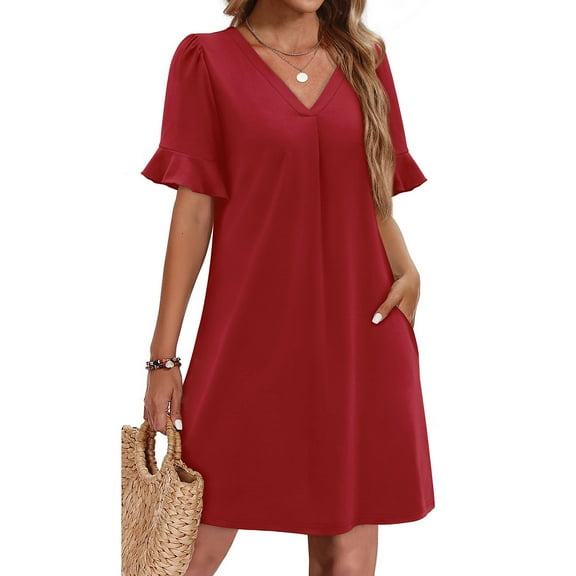 Wedding Guest Dresses for Women, Women's Summer Solid Color V-neck Dress With Pockets And Ruffle Short Sleeved Skirt(Wine,M)