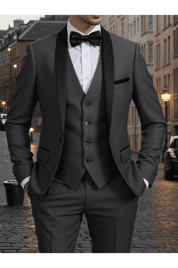 Wedding Guest Suits For Men 3pcs Outfit Set, Men'S Long Sleeve One Button Shawl Collar Jacket, Grey, With Pockets & Slim Fit Pants Set, Wedding Banquet