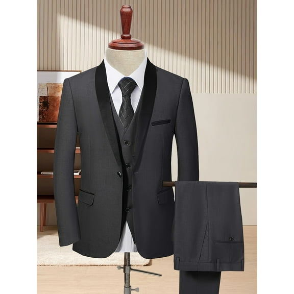 Wedding Guest Suits For Men 3pcs Outfit Set, Men'S Long Sleeve One Button Shawl Collar Jacket, Grey, With Pockets & Slim Fit Pants Set, Wedding Banquet