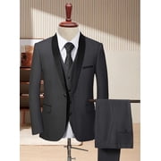 Wedding Guest Suits For Men 3pcs Outfit Set, MenS Long Sleeve One Button Shawl Collar Jacket, Grey, With Pockets & Slim Fit Pants Set, Wedding Banquet