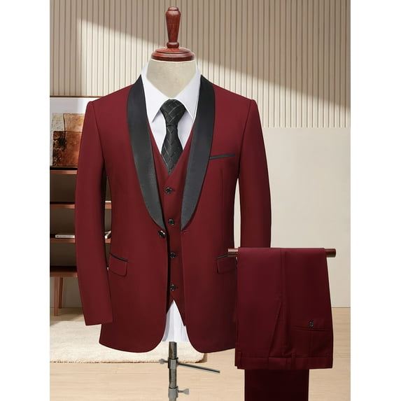 Wedding Guest Suits For Men 3pcs Outfit Set, Men'S Long Sleeve One Button Shawl Collar Jacket, Red, With Pockets & Slim Fit Pants Set, Wedding Banquet