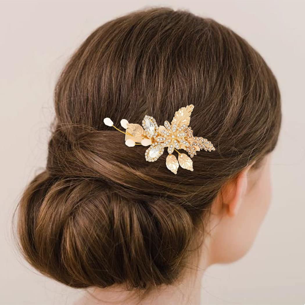 Wedding Hair Clip Gold Leaf Bridal Hair Barrette Rhinestone  display picture 3
